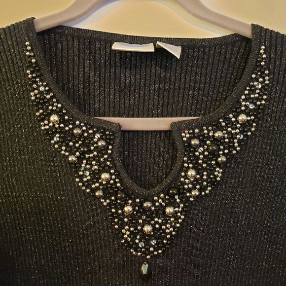 DG2 BY DIANE GILMAN BLACK EMBELLISHED SHIMMER SEQUIN BEADED SWEATER SIZE MEDIUM - Picture 3 of 5
